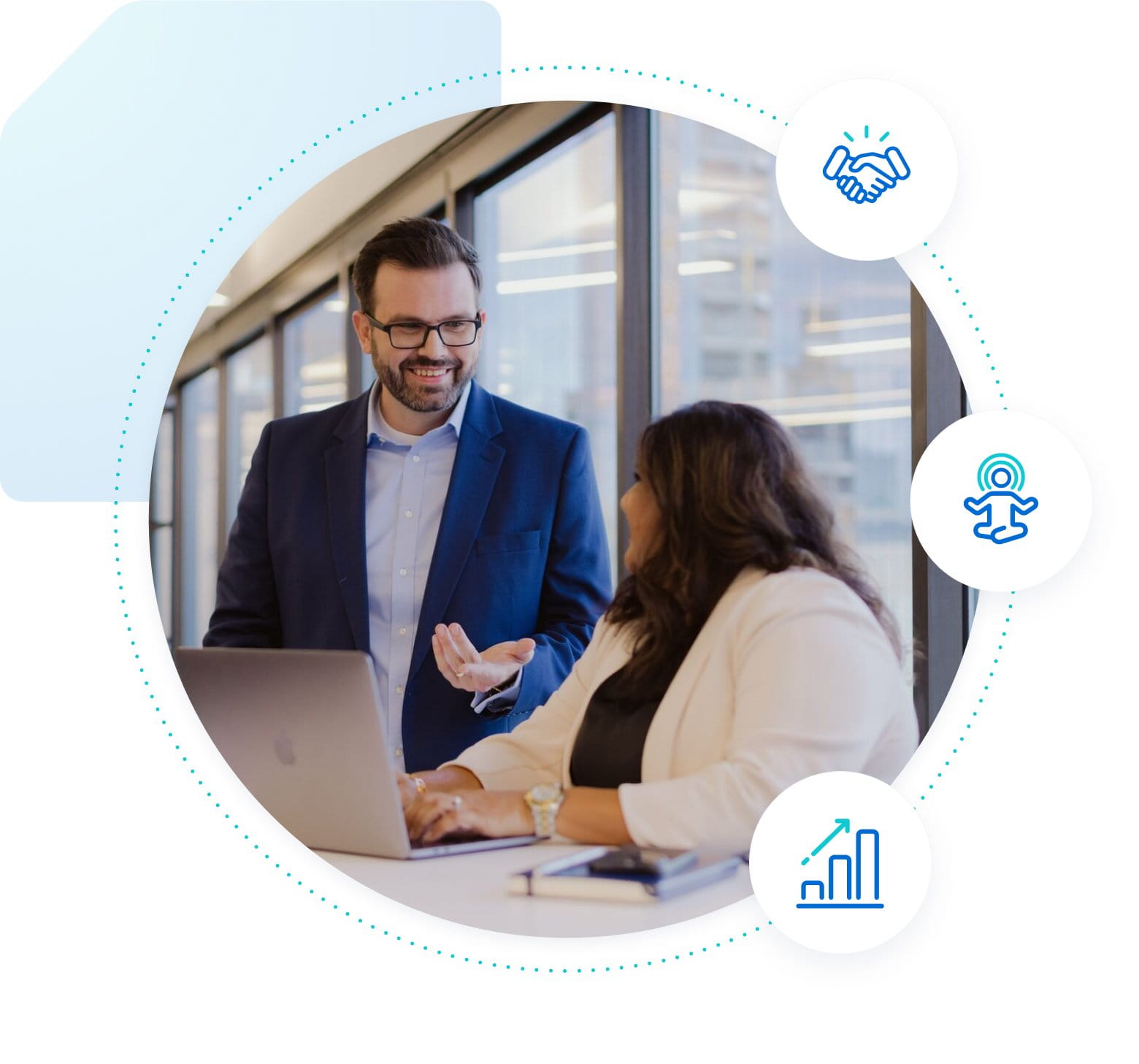 two people having a conversation in front of a laptop with icons representing partnership, zen, and increase in revenue over top of image