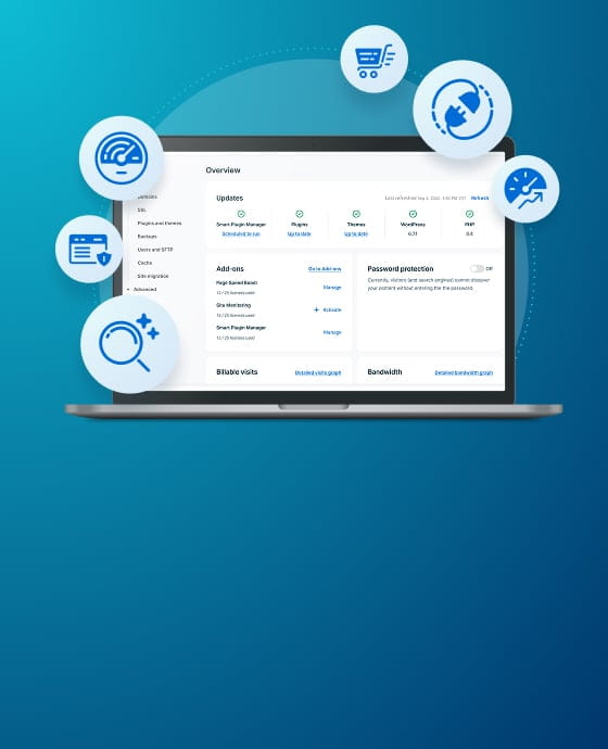 Laptop displaying WP Engine Portal with overlaying icons representing available features